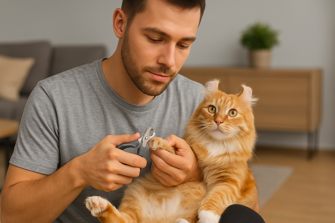 Homme coupant les griffes d’un chat American Curl roux dans un salon moderne – avec Pacha-Streu