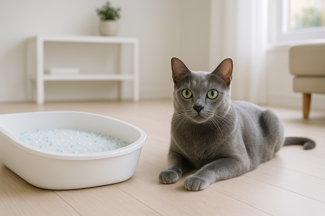 Korat Katze mit silberblauem Fell und grünen Augen – elegante Glückskatze aus Thailand mit Pacha-Streu