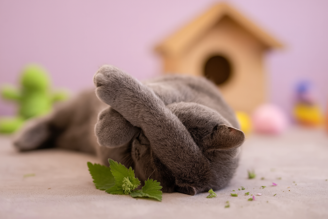 Chat gris jouant avec de l’herbe à chat dans une chambre avec jouets et cabane – litière Pacha-Streu