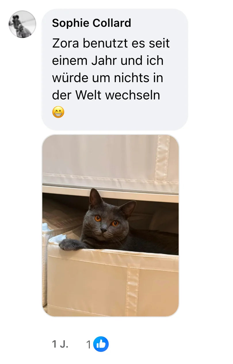 Facebook-Kommentar von Sophie Collard (1 Reaktionen): „Zora benutzt es seit einem Jahr und ich würde um nichts in der Welt wechseln 😁“