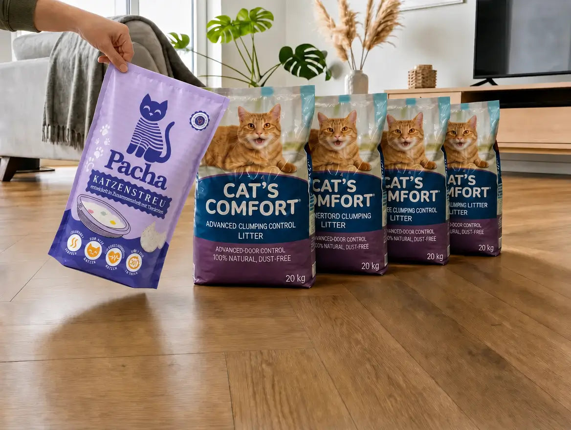 Ein Sack Pacha steht neben 4 Säcken klassischem Klumpstreu zu je 20 kg, um das Verhältnis zu zeigen — 1 Sack Pacha = 4 Säcke einer anderen Marke