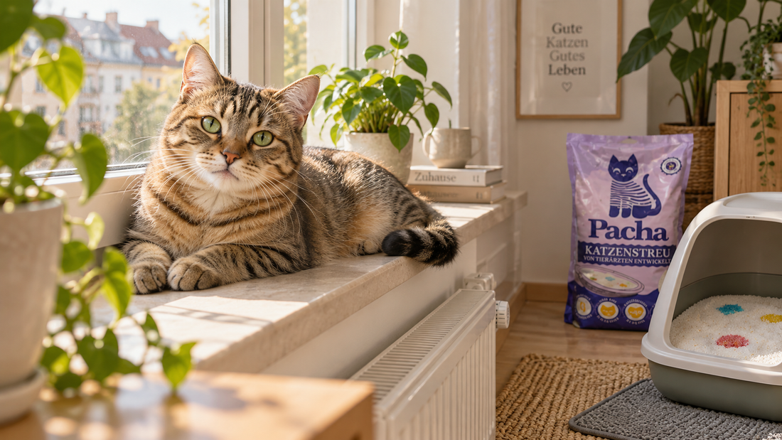 Gesunde Katze mit glänzendem Fell und klaren Augen liegt entspannt am Fenster – 9 Anzeichen für eine gesunde Katze, Pacha-Streu