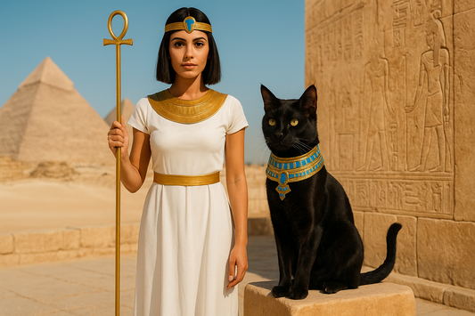 Reine égyptienne avec un chat noir devant les pyramides et un mur orné de hiéroglyphes – Litière Pacha (Pacha-Streu)