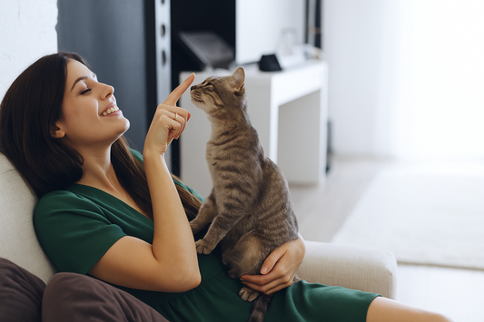 Femme aux cheveux longs en robe verte caressant un chat gris tigré dans un salon – Litière Pacha (Pacha-Streu)