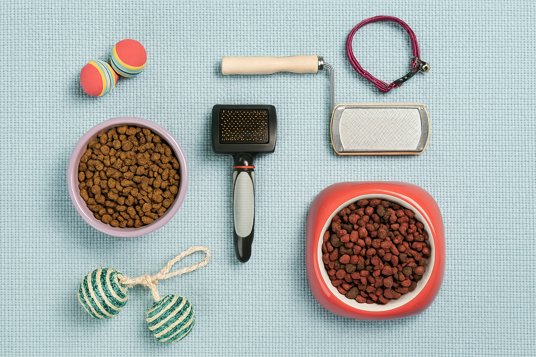  Accessoires pour chat avec bols roses, jouets, brosse et colliers sur fond bleu clair — Litière Pacha (Pacha-Streu)
