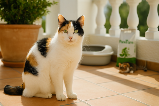 Chat Aegean Hybride au pelage blanc avec taches noires et orange assis sur un balcon ensoleillé de style méditerranéen – avec Pacha-Streu