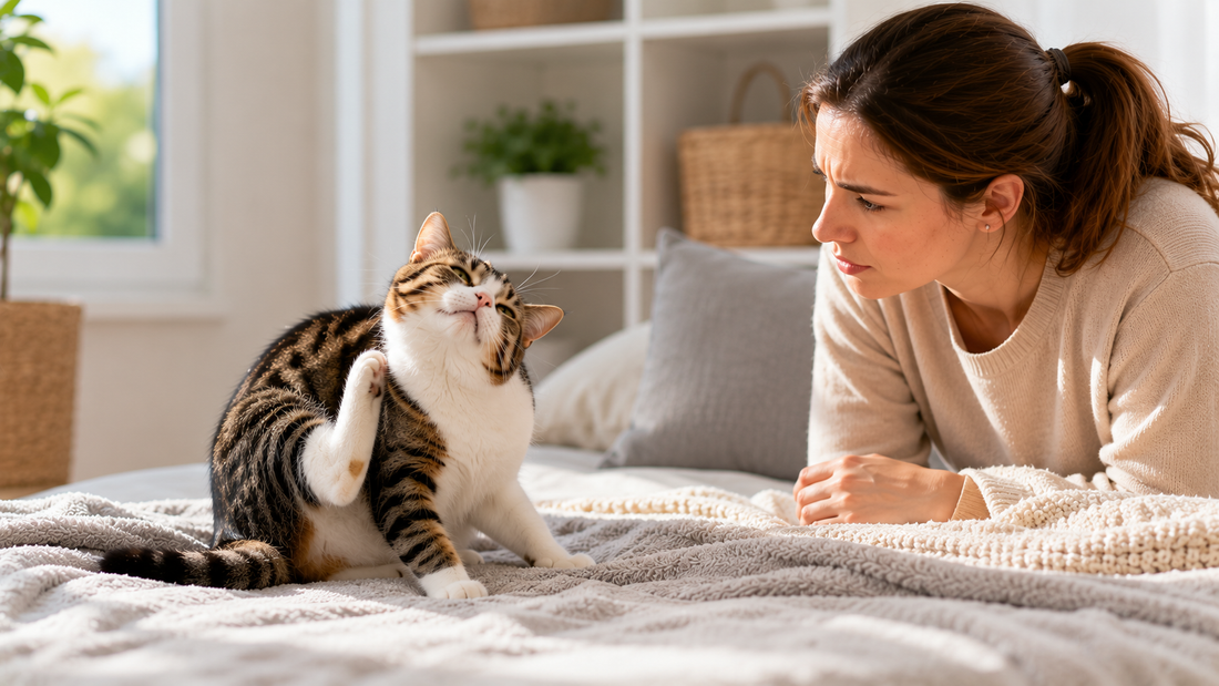 Katze mit möglichen Allergiesymptomen wird zu Hause aufmerksam beobachtet – Pacha-Streu