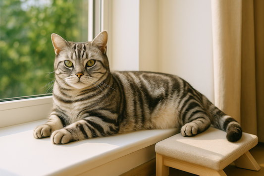American Shorthair Katze entspannt auf einem sonnigen Fensterplatz – robuste, freundliche Rasse im sauberen Zuhause mit Pacha-Streu