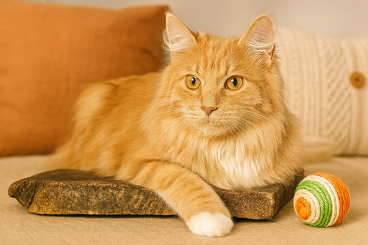Chat American Curl roux avec oreilles recourbées, allongé sur un lit avec oreillers et jouet – avec Pacha-Streu