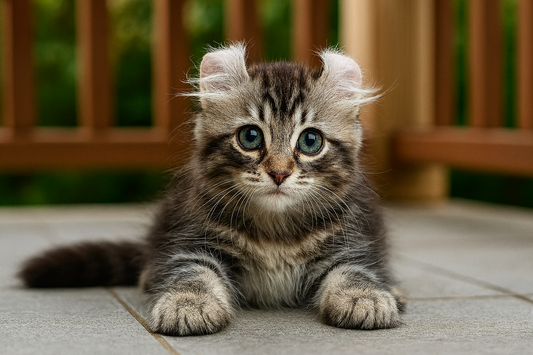 Chaton American Curl avec oreilles recourbées sur une lanai avec clôture – avec Pacha-Streu