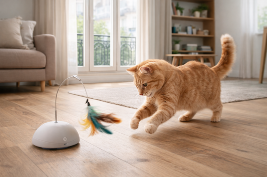 Katze spielt mit automatischem Katzenspielzeug mit Feder – intelligente Beschäftigung für Katzen mit Pacha-Streu