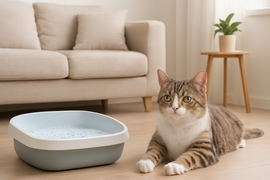 Katze untersucht sauberes Katzenklo mit Pacha-Streu – Hygiene, Komfort und Frische im Zuhause