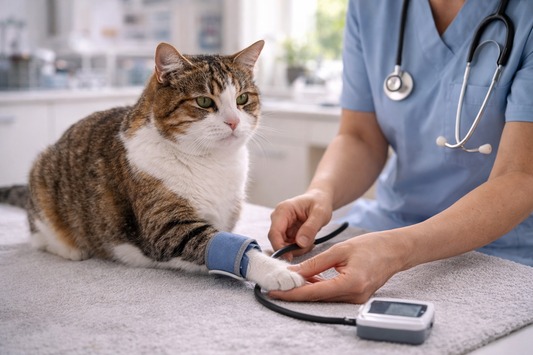 Blutdruckmessung bei einer älteren Katze in der Tierarztpraxis – Vorsorge gegen Bluthochdruck mit Pacha-Streu