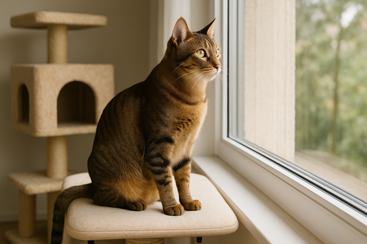 Brasilianische Kurzhaarkatze am Fensterplatz – neugierig und aktiv im Alltag mit Pacha-Streu