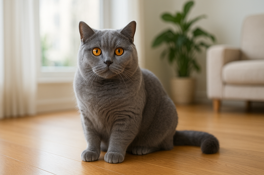 Britisch Kurzhaar Katze mit blaugrauem Fell und kupferfarbenen Augen – elegante Erscheinung mit Pacha-Streu