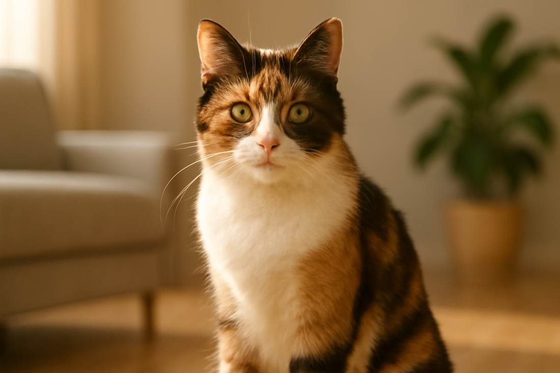 Dreifarbige Calico Katze im Sonnenlicht – einzigartiges Fellmuster und natürliche Schönheit mit Pacha-Streu