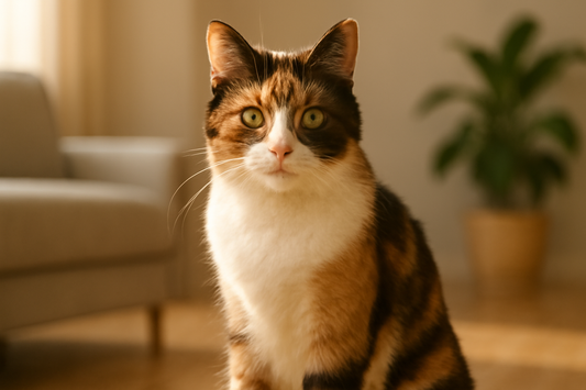 Dreifarbige Calico Katze im Sonnenlicht – einzigartiges Fellmuster und natürliche Schönheit mit Pacha-Streu