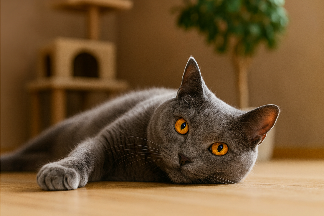 Chat Chartreux gris aux yeux ambrés allongé dans un salon avec arbre à chat – avec Pacha-Streu     Ask ChatGPT