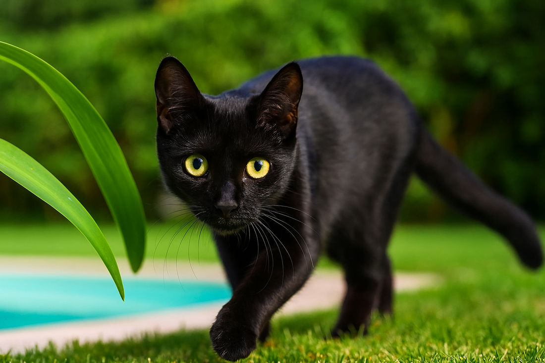 Chat noir regardant l’objectif dans un jardin avec piscine en arrière-plan — Litière Pacha (Pacha-Streu)