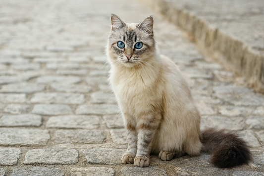 Chat au pelage crème assis dans une rue pavée en pierre — Litière Pacha (Pacha-Streu)