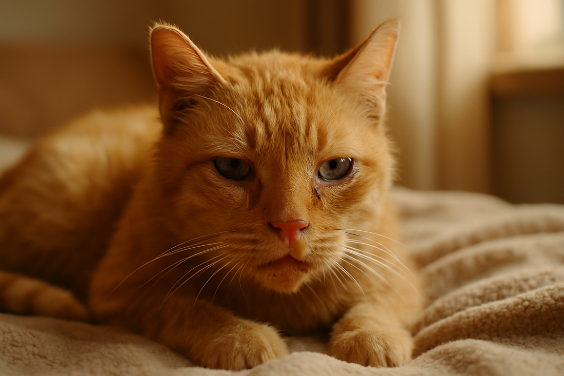 Chat domestique malade avec yeux larmoyants et écoulement nasal, signes de rhinotrachéite – scène intérieure avec Litière Pacha.