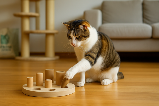 Chat domestique utilisant sa patte pour attraper une friandise dans un puzzle feeder dans un salon lumineux avec arbre à chat en arrière-plan – avec Pacha-Streu