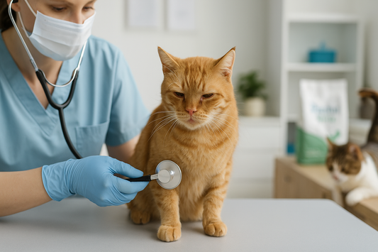 Vétérinaire utilisant un stéthoscope pour examiner un chat malade présentant des signes de maladie respiratoire sur une table de consultation dans une clinique lumineuse – avec Pacha-Streu