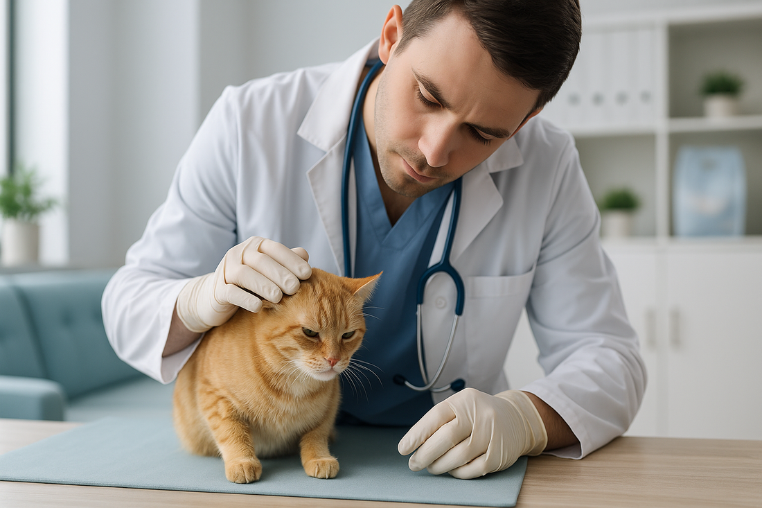 Chat domestique malade examiné par un vétérinaire sur une table de consultation dans une clinique lumineuse – avec Pacha-Streu
