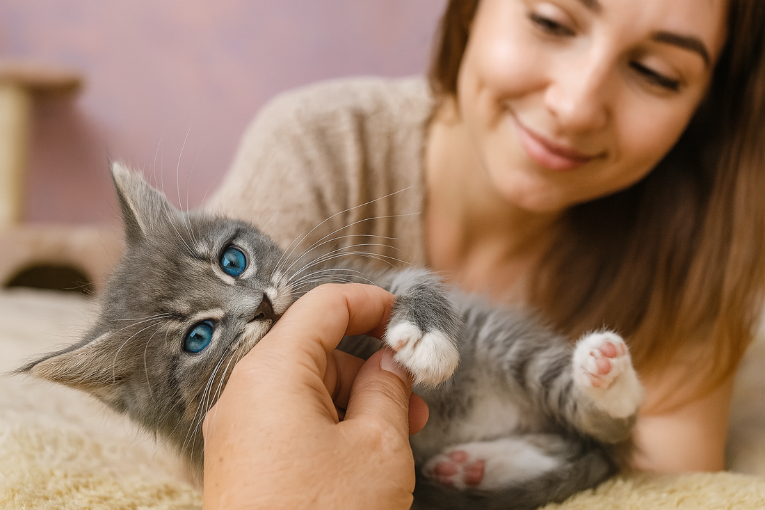 Chaton joueur mordillant une main avec une femme souriante en arrière-plan dans une chambre rose — Litière Pacha (Pacha-Streu)