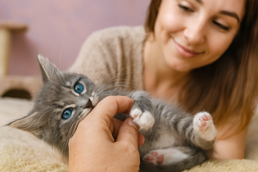 Chaton joueur mordillant une main avec une femme souriante en arrière-plan dans une chambre rose — Litière Pacha (Pacha-Streu)