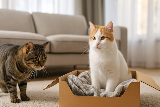 Deux chats domestiques dans un salon moderne, l’un assis dans une boîte en carton avec une couverture et l’autre observant à distance – avec Pacha-Streu