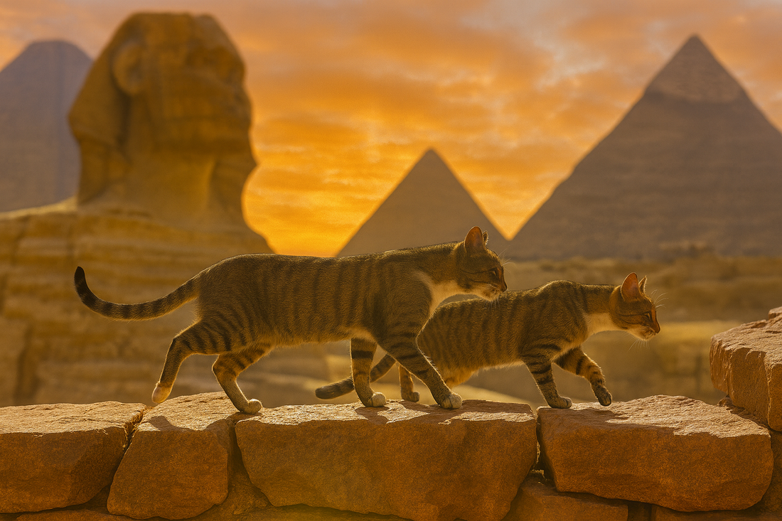 Deux chats tigrés marchant sur un mur de pierre devant les pyramides et le sphinx en Égypte – avec Pacha-Streu