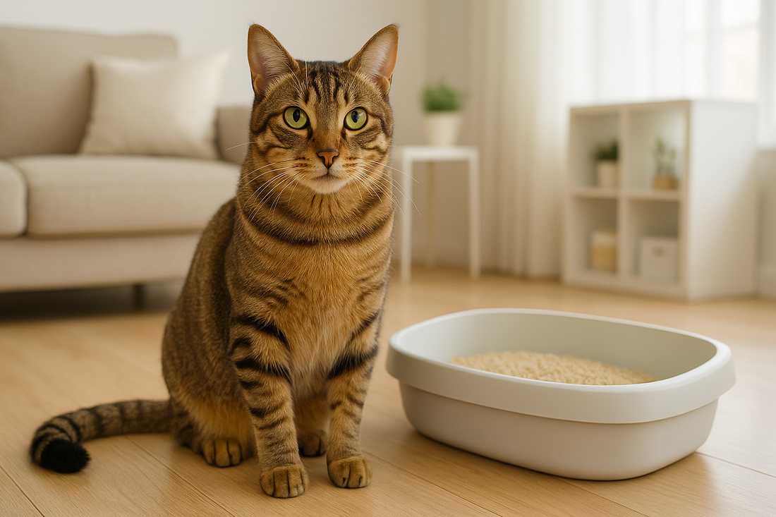 Chinesische Li Hua Katze mit typischem geticktem Fell und grünen Augen – elegante Naturkatze im sauberen Zuhause mit Pacha-Streu