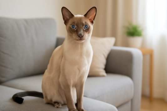 Elegante Colorpoint Shorthair Katze mit blauen Augen und großen Ohren – charakteristisches Aussehen und Wohlbefinden mit Pacha-Streu