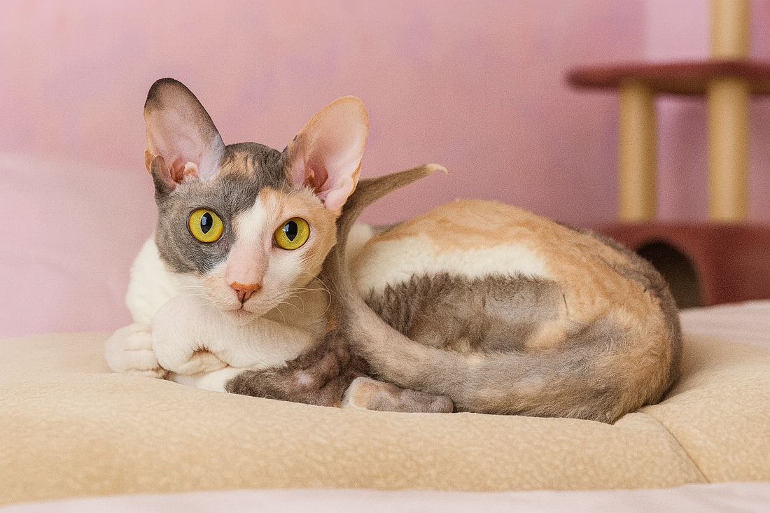 Chat Cornish Rex allongé sur un coussin dans une chambre rose avec arbre à chat — Litière Pacha (Pacha-Streu)