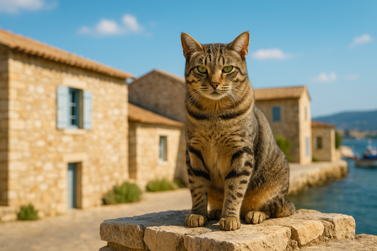 Chat Cyprus Hybride tigré assis fièrement sur un mur de pierre dans un village méditerranéen avec maisons anciennes et ciel bleu – avec Pacha-Streu
