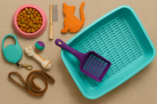 Accessoires colorés pour chat avec bac à litière turquoise sur tapis beige – Litière Pacha (das Pacha-Katzenstreu)