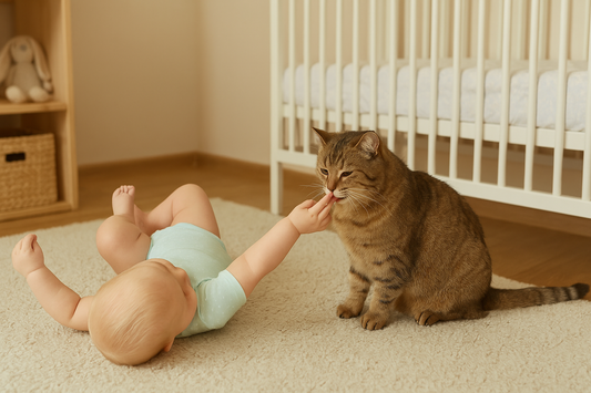 Bébé et chat interagissant dans une chambre d’enfant chaleureuse avec tapis – Litière Pacha (das Pacha-Katzenstreu)