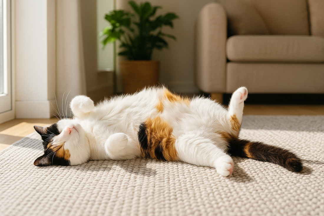 Chat calico allongé sur un tapis dans un salon ensoleillé, près d’un canapé – Litière Pacha (das Pacha-Katzenstreu)