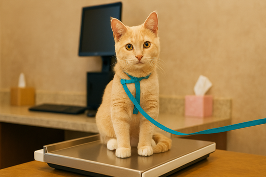 Chaton crème avec harnais bleu posé sur une balance vétérinaire dans un cabinet chaleureux – Litière Pacha (das Pacha-Katzenstreu)