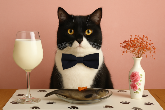 Chat noir et blanc en nœud papillon assis devant un dîner avec poisson et lait, décor rose – Litière Pacha (Pacha-Streu)