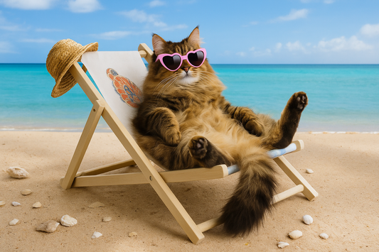 Chat roux allongé sur une chaise de plage avec lunettes roses, profitant de l'été – Litière Pacha (das Pacha-Katzenstreu)