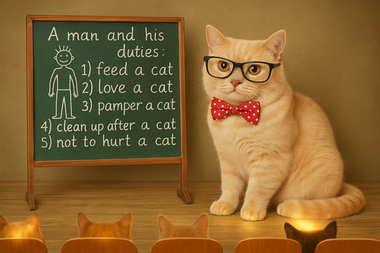 Chat crème avec lunettes et nœud papillon rouge enseignant devant un tableau avec des règles pour humains, ambiance humoristique en classe – Litière Pacha (das Pacha-Katzenstreu)