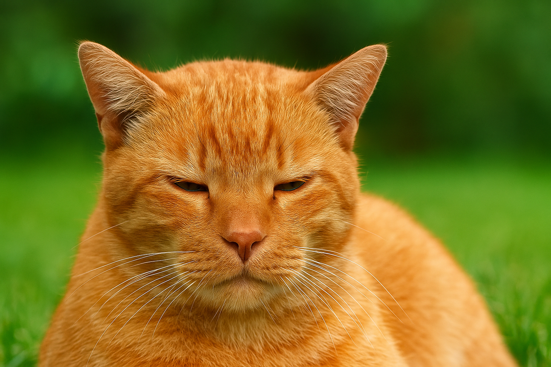 Chat roux au regard fatigué allongé dans un jardin verdoyant – Litière Pacha (das Pacha-Katzenstreu)