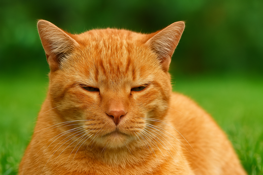 Chat roux au regard fatigué allongé dans un jardin verdoyant – Litière Pacha (das Pacha-Katzenstreu)