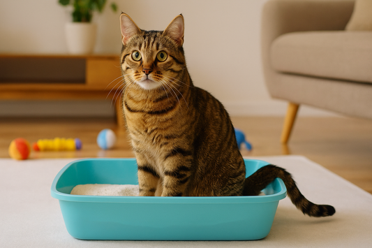 Chat tigré assis dans un bac à litière turquoise dans un salon chaleureux – Litière Pacha (das Pacha-Katzenstreu)