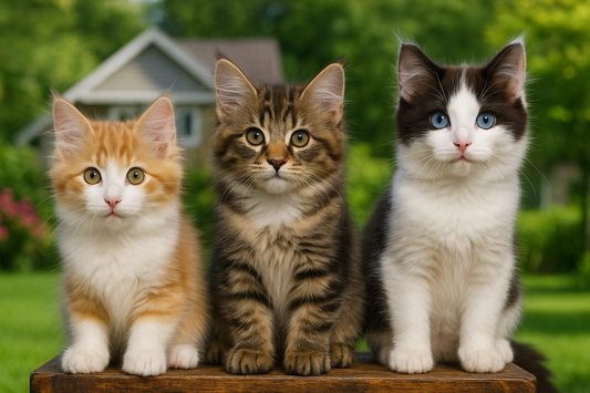 Trois chatons assis devant une maison dans un jardin verdoyant – Litière Pacha (das Pacha-Katzenstreu)