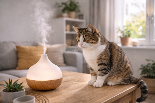 Aroma-Diffuser im Wohnzimmer neben einer Katze – mögliche Risiken von Düften im Katzenhaushalt mit Pacha-Streu