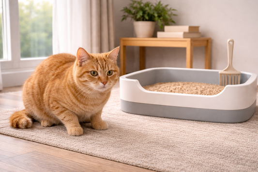 Katze wirkt unwohl neben dem Katzenklo – mögliches Anzeichen für Durchfall durch Katzenstreu mit Pacha-Streu