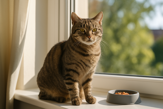 Chat European Shorthair musclé au pelage tigré assis sur un rebord de fenêtre ensoleillé dans une maison chaleureuse – avec Pacha-Streu